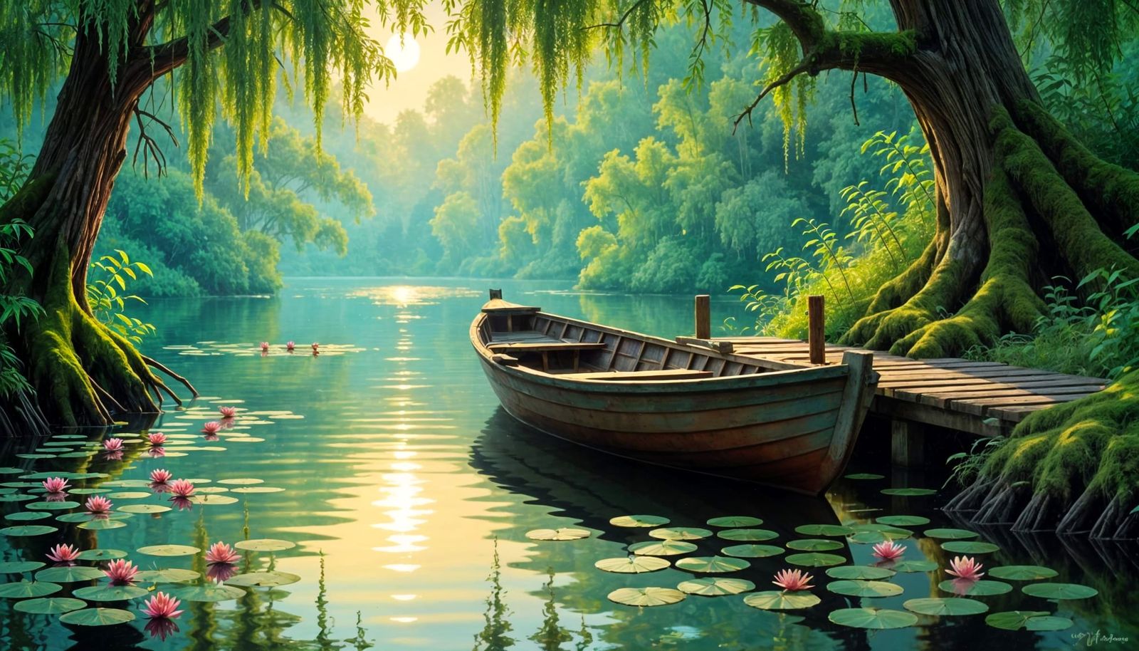 A breathtaking oil painting of a tranquil, moss-covered riverbank at dawn, featuring an old wooden boat ...  by @Hugo Raul