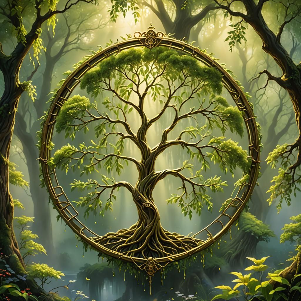 holy symbol. sigil of a willow tree. golden amulet depicting a willow tree  by @Aurelia