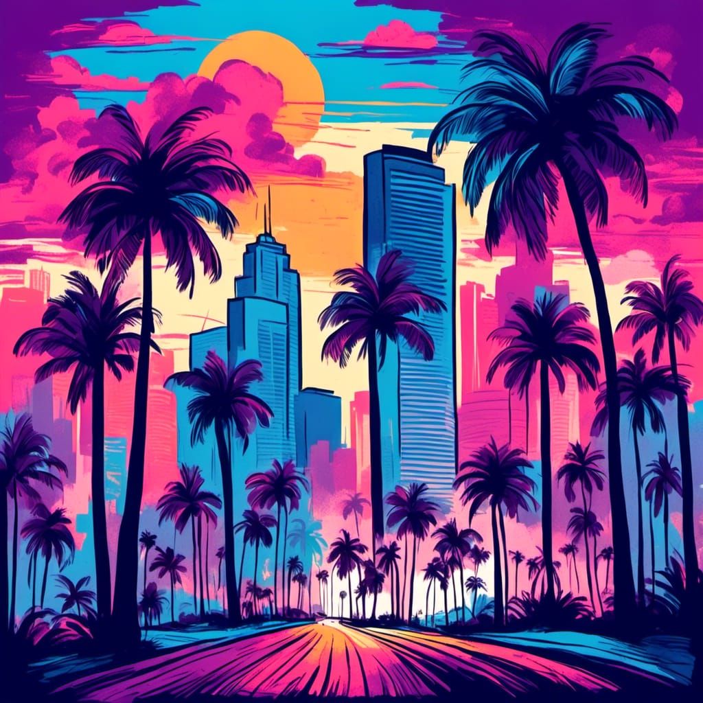 <lora:RetroDrawingXL:1.0> A wide boulevard in Florida, viewed at a dramatic Dutch tilt, lined with tall, swirling palm trees down the center...