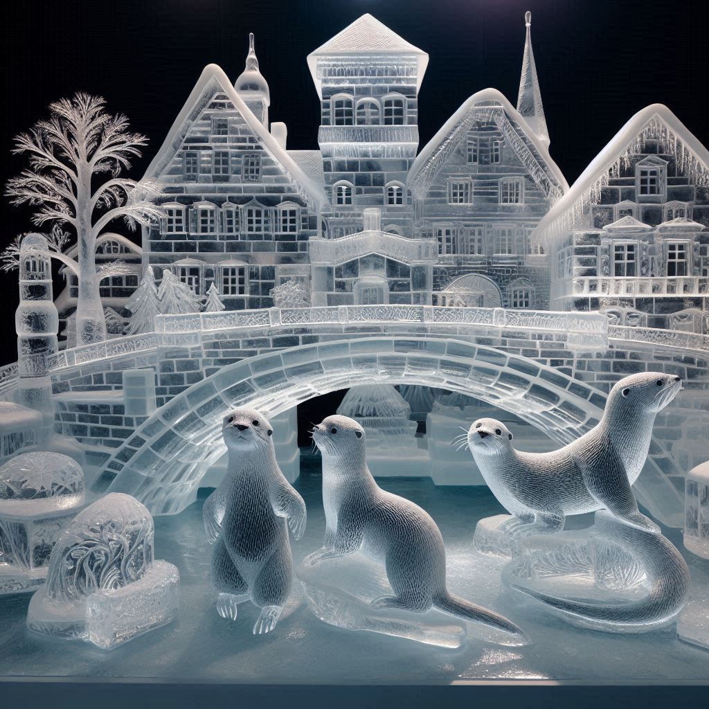 Ice sculpture Otter skating in a beautiful village