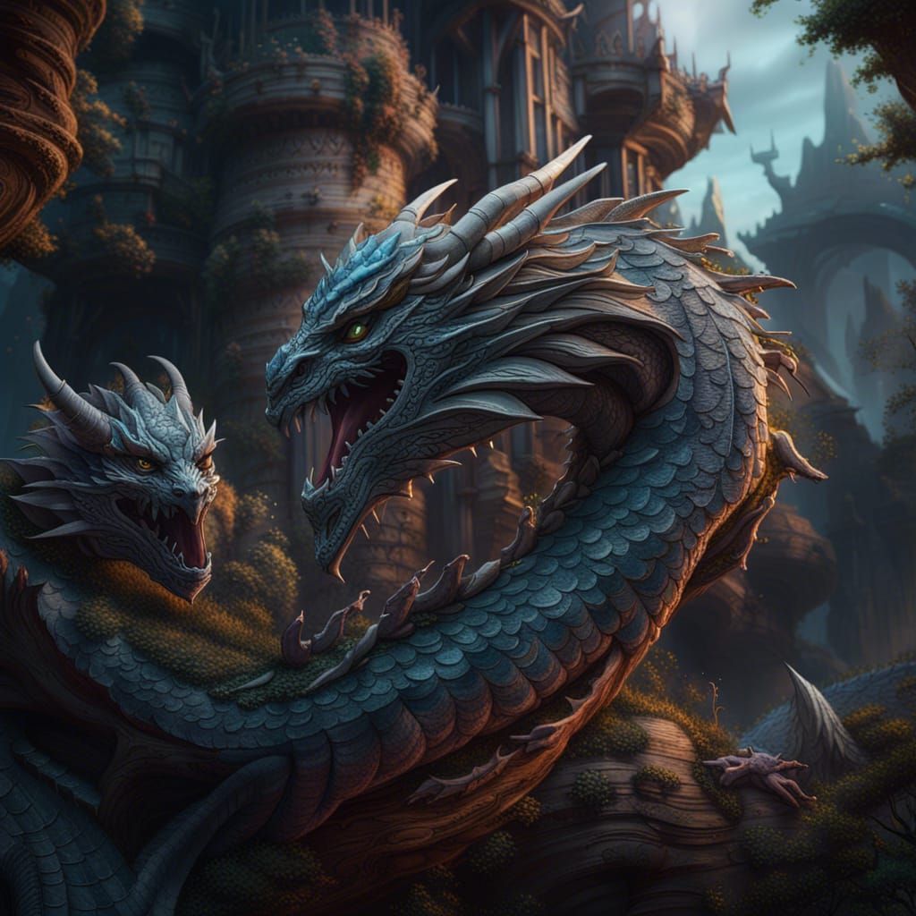 Embrace of Dragons detailed matte painting, deep color, fant...
