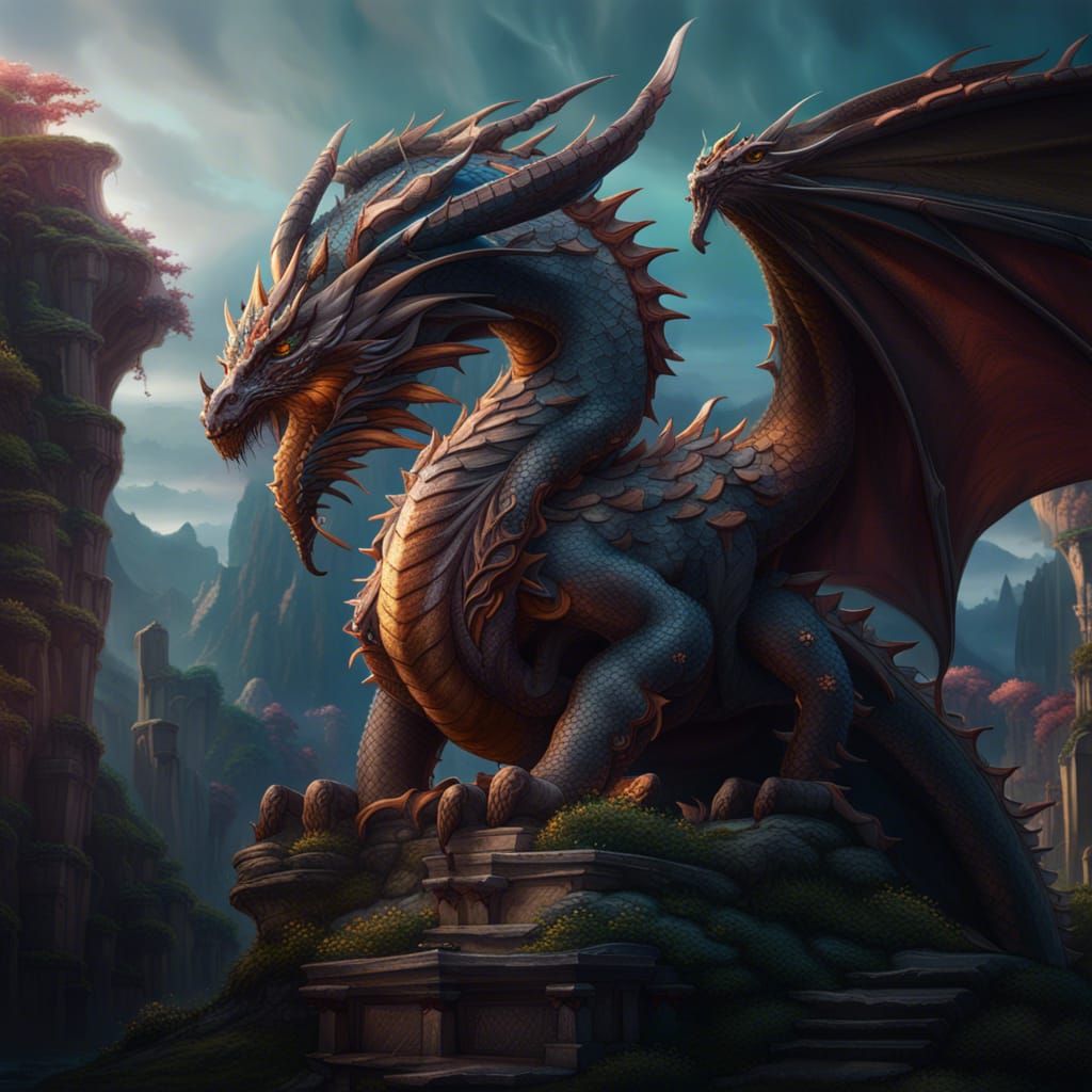 Embrace of Dragons detailed matte painting, deep color, fant...