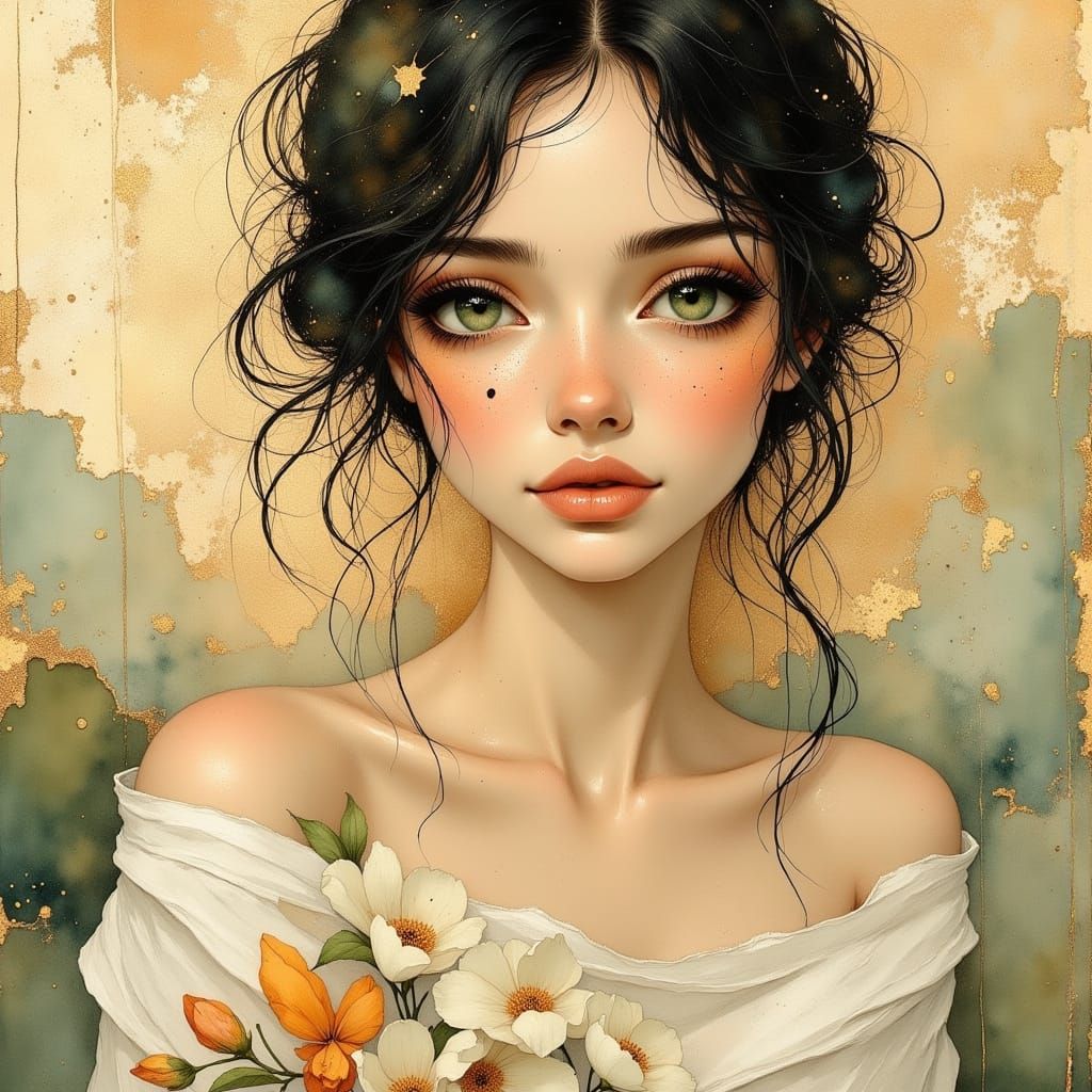 Elegant Spring Goddess with Jade Eyes and Floral Beauty