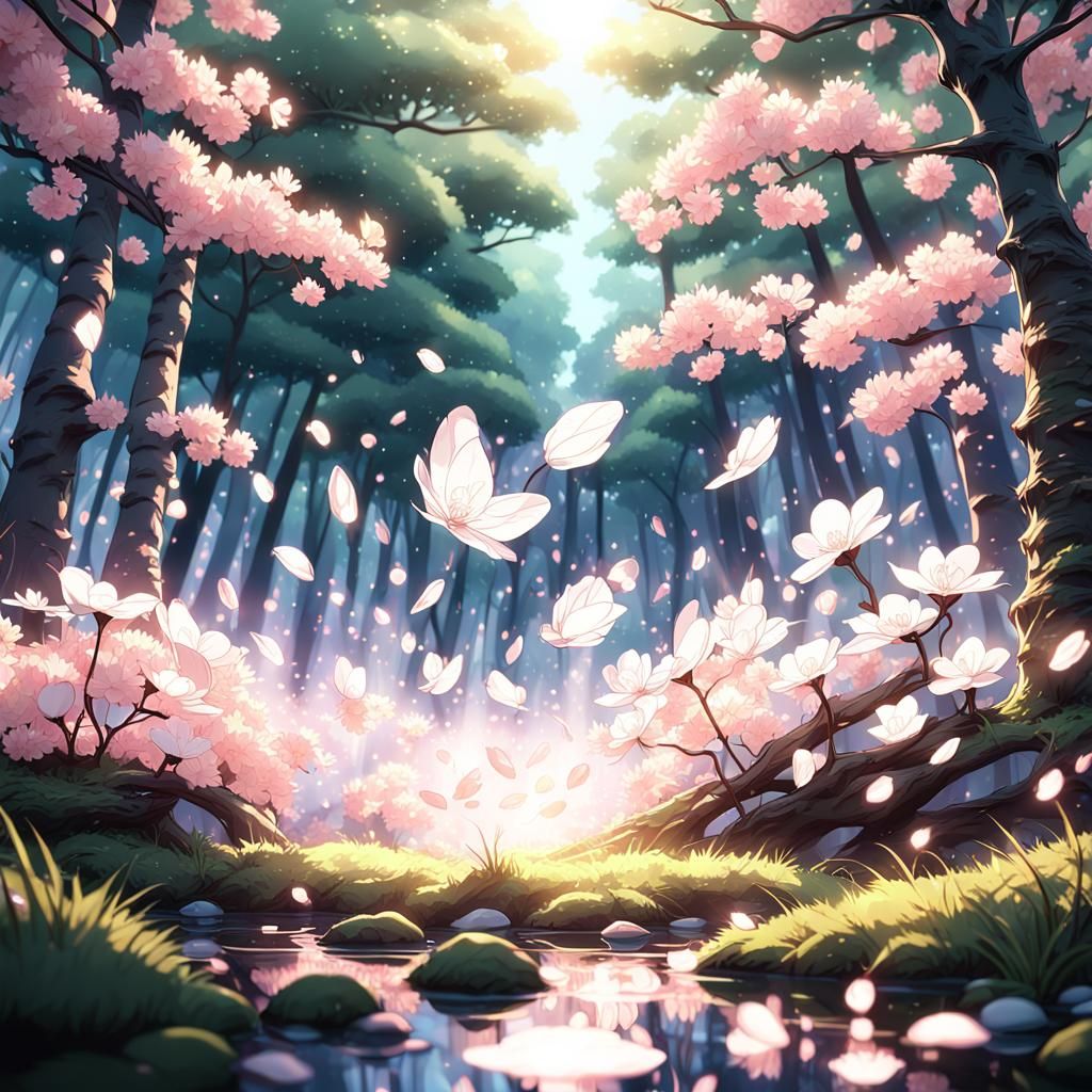 Glowing Cherry Blossom Petal in Forest, Anime Style