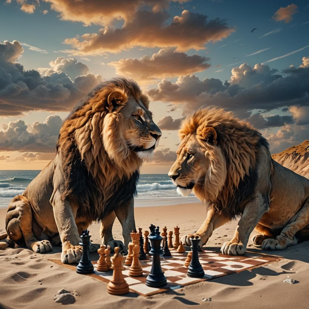 Lions Play Chess on Beach in Dreamlike Matte Painting