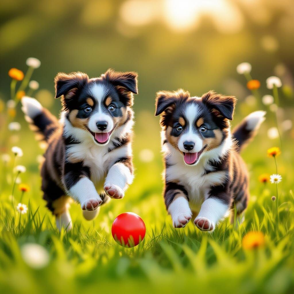 Playful Border Collies Chasing Ball in Sunlit Meadow