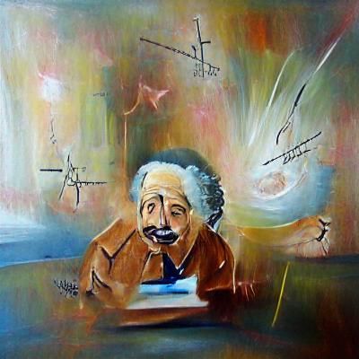Painting of Einstein discovering the theory of relativity an...