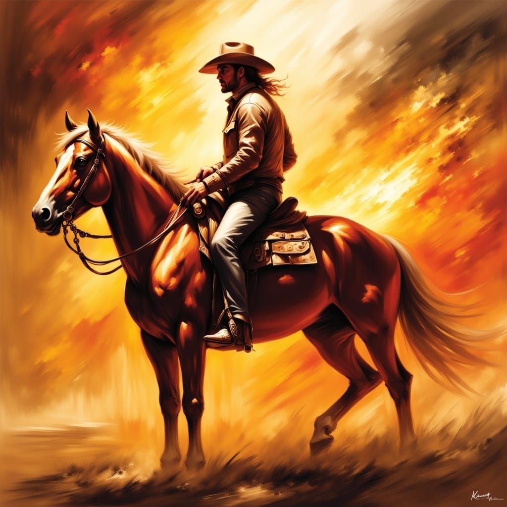 <lora:The Swanland Flux:1.0> A majestic horse and cowboy standing in a blaze of glory, by Raymond Swanland