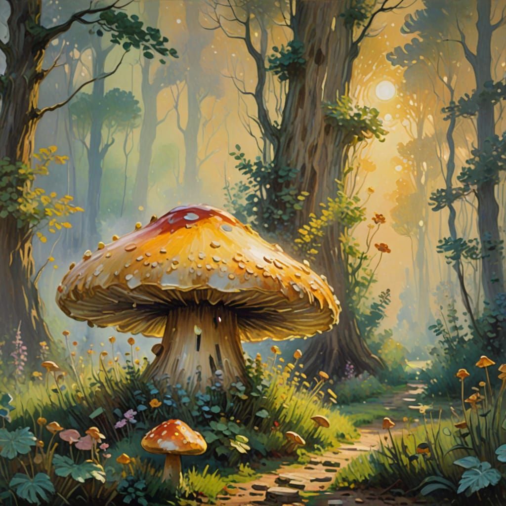 Whimsical Sprite Paints Masterpiece Mural on Giant Mushroom