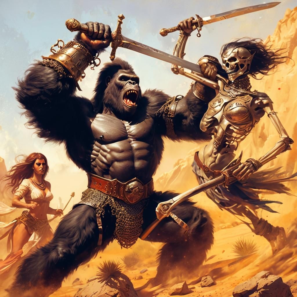 a heroic gorilla, in a desert oasis, a haboob sandstorm loom...