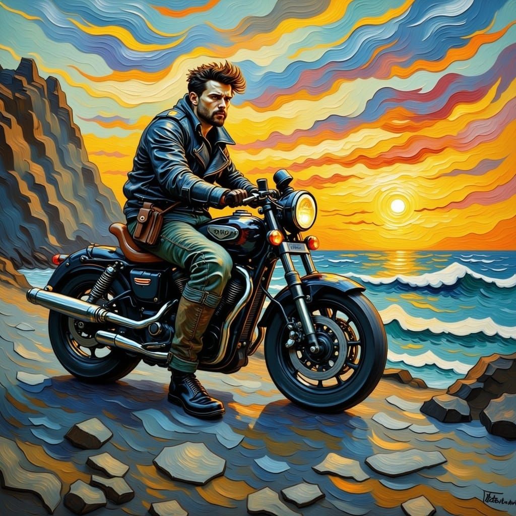 <lora:Van-MO Flux:1.0> A steampunk man with a cool hairstyle and lots of attitude sitting on his motorcycle on a sea cliff at sunset, swirli...