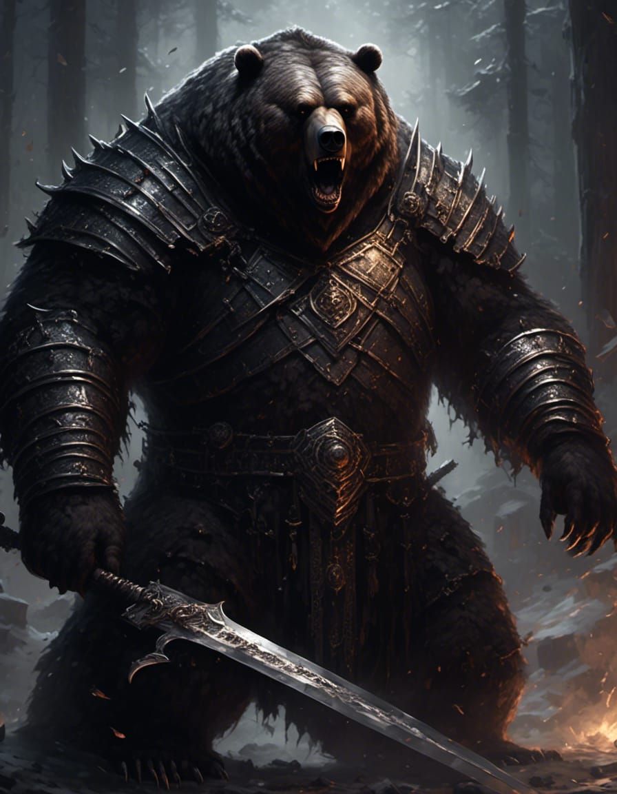 Portrait: Shadow Barbarian obese Grizzly Bear wielding a Greatsword in darkness, detailed chainmail armor composed of unique black platinum...