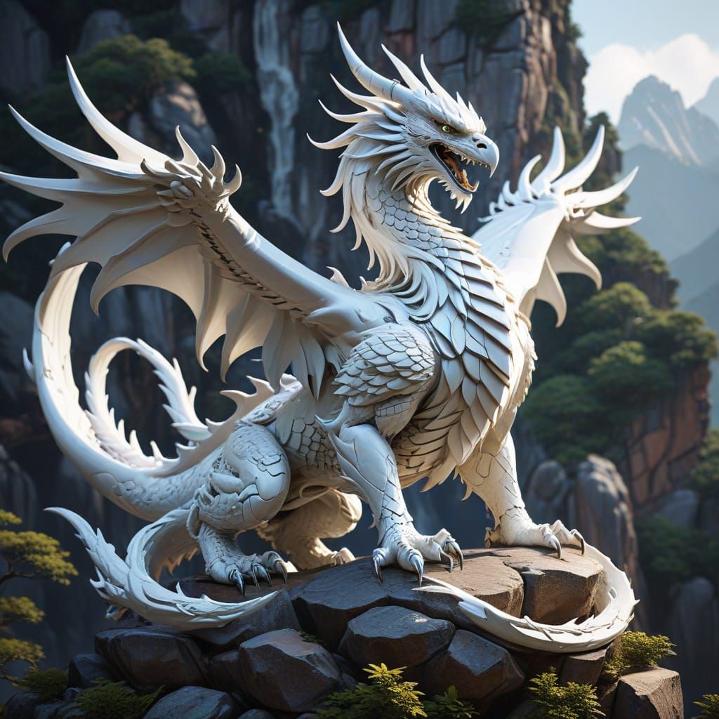Ethereal Dragon-Eagle Sculpture in Majestic Mountains