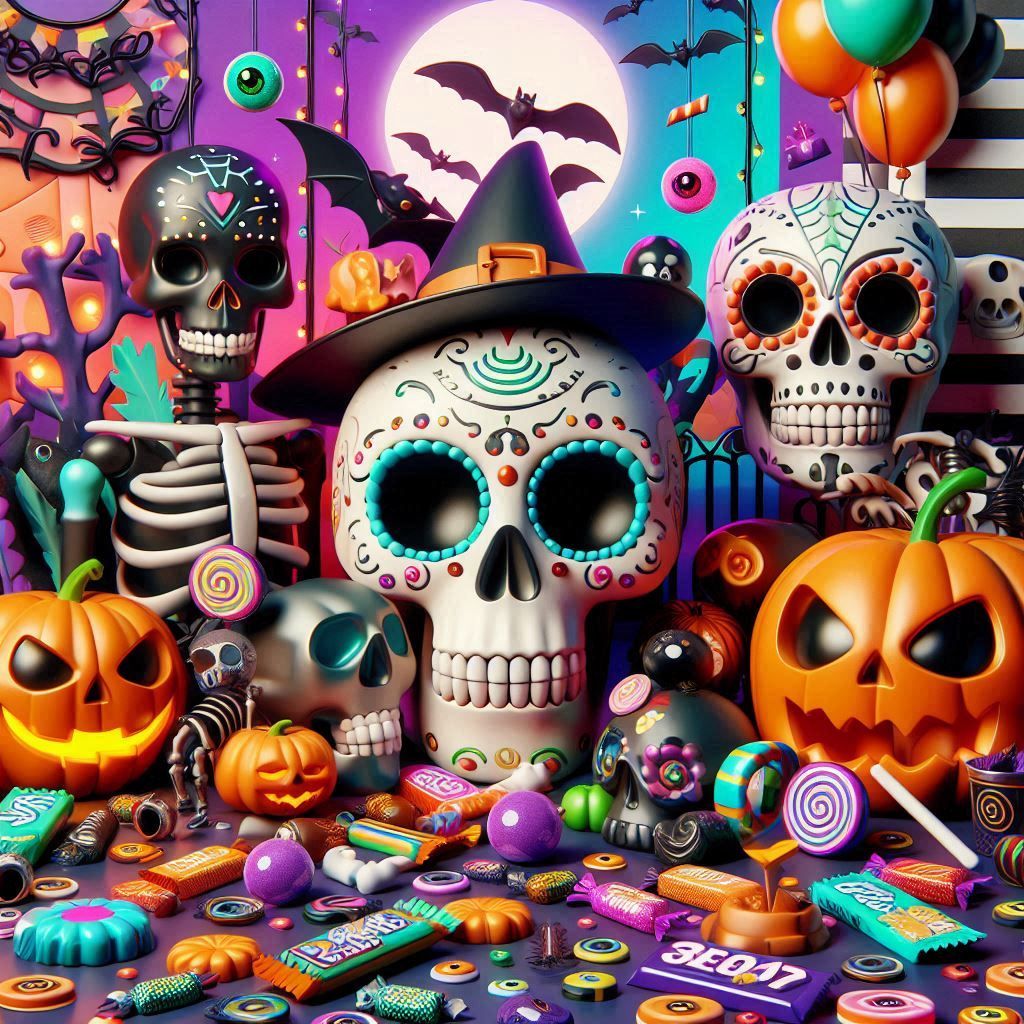 Calaveras y esqueletos, caramelos, calabazas....