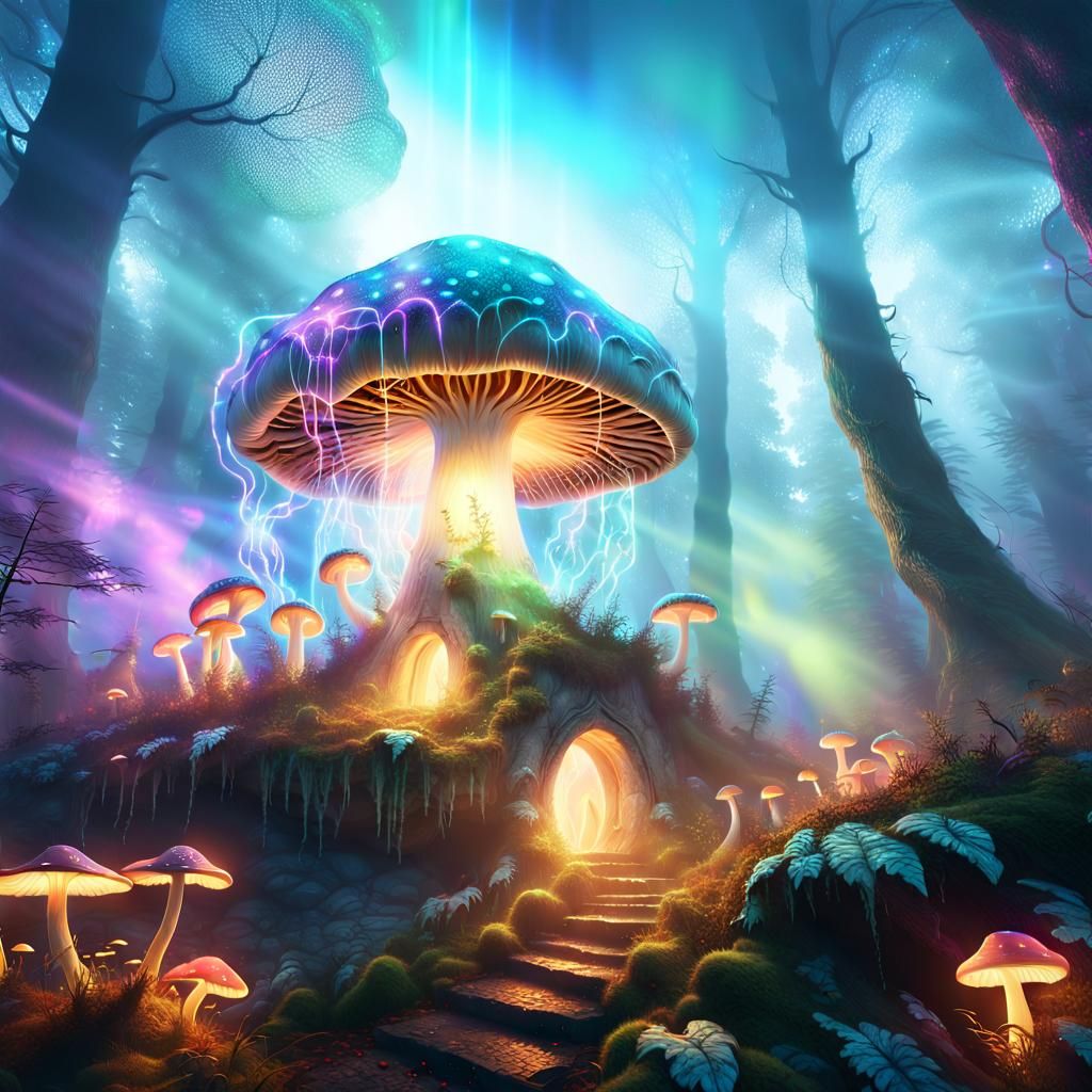 Mushroom Creature Emerges from Mystical Forest Portal