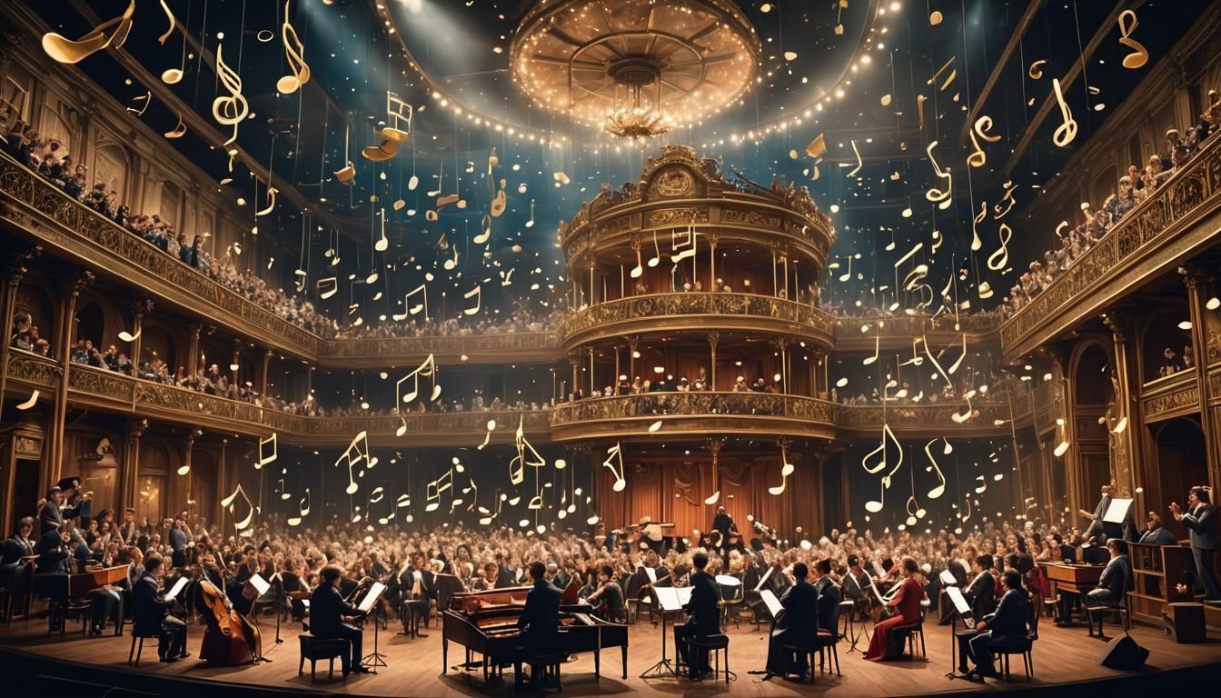 An enchanted music hall filled with floating musical notes a...