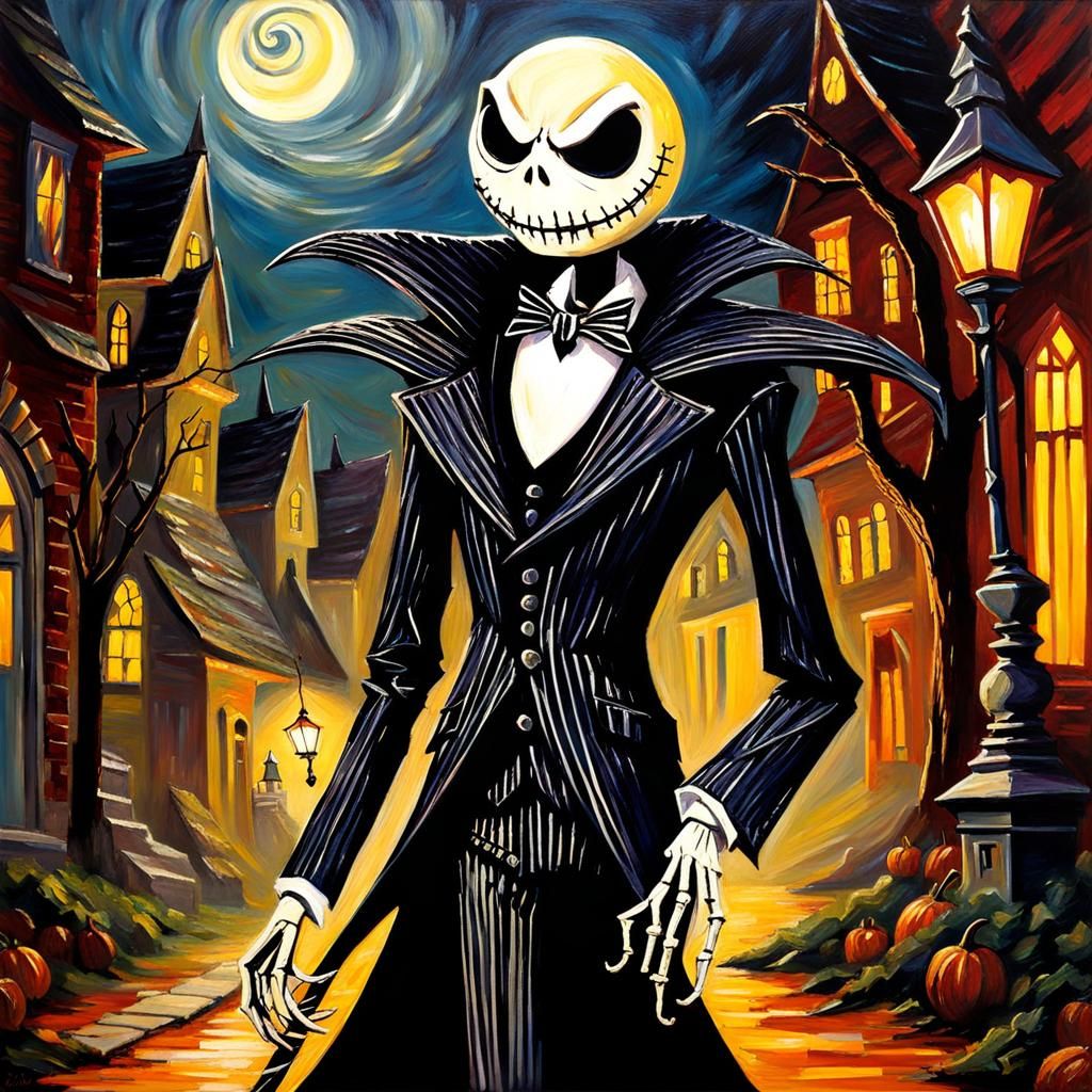 MAD Jack Skellington, DOMINATING ELDRITCH Halloween Town, eerie, grimdark, palette knife, impasto, Tim ...  by @xtough 