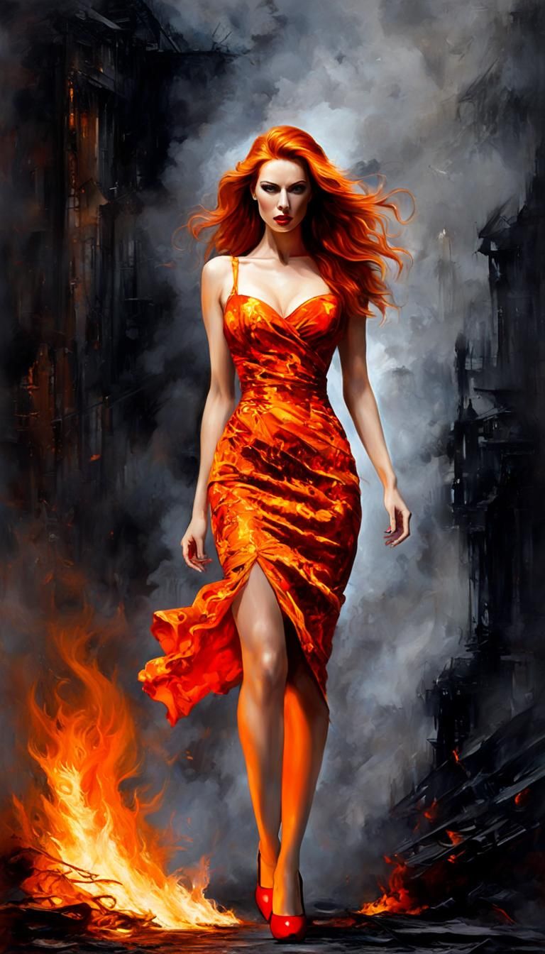 a gorgeous hot woman in dress of flames