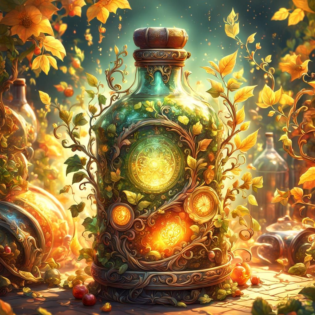 Magical alchemy bottle whimsical, vines wrapping around, whimsical, trending on Artstation, ethereal ...  by @DrkCareBear