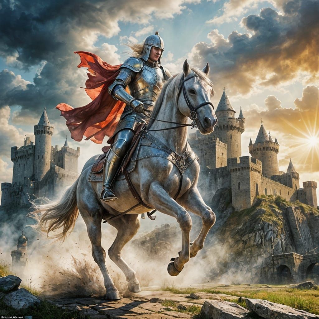 Medieval Knight Galloping Near Ancient Fortresses