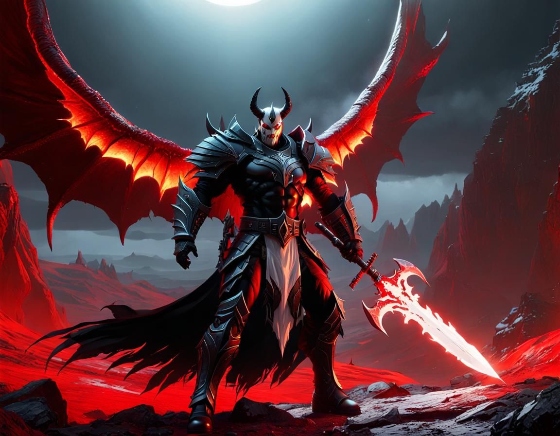 (red demon warrior dressed in black:1.5)
