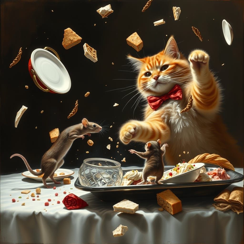 Ginger Cat Waiter Pounces on Mouse in Dramatic Oil Painting