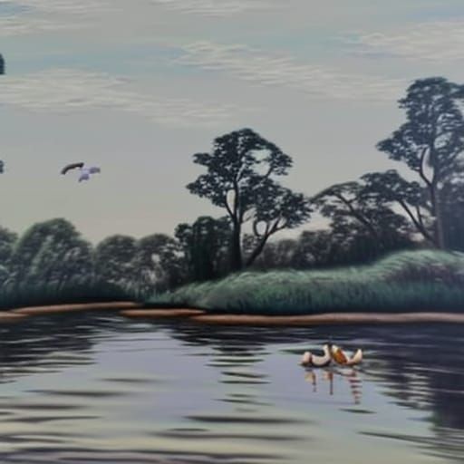 Windy river to no where, calm, colonial, realistic, pastels,...