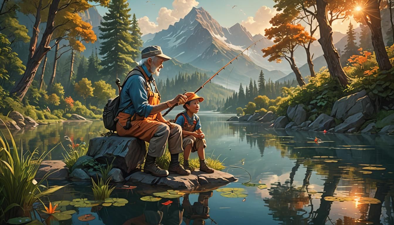 Depict a heartwarming moment of a grandparent and child fishing from the edge of a grassy bank, surrounded ...  by @Suthara