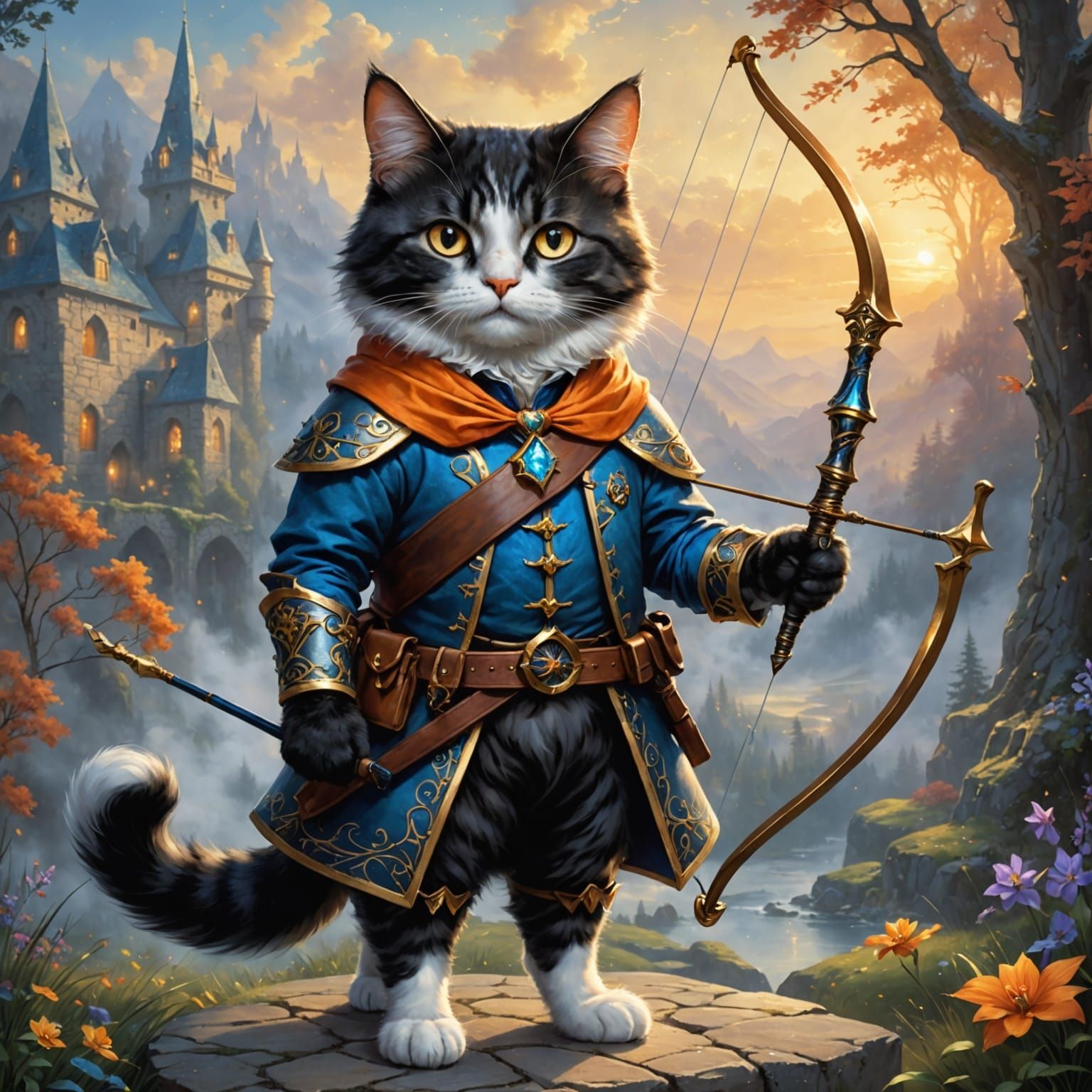 A noble archer cat with a serious and firm look. Left hand h...