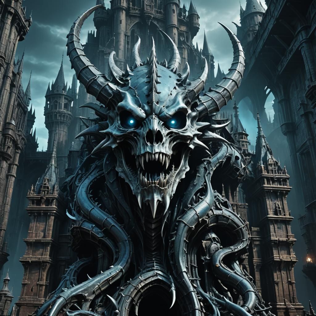 dark fantasy scene of an immense castle forged from twisted,...