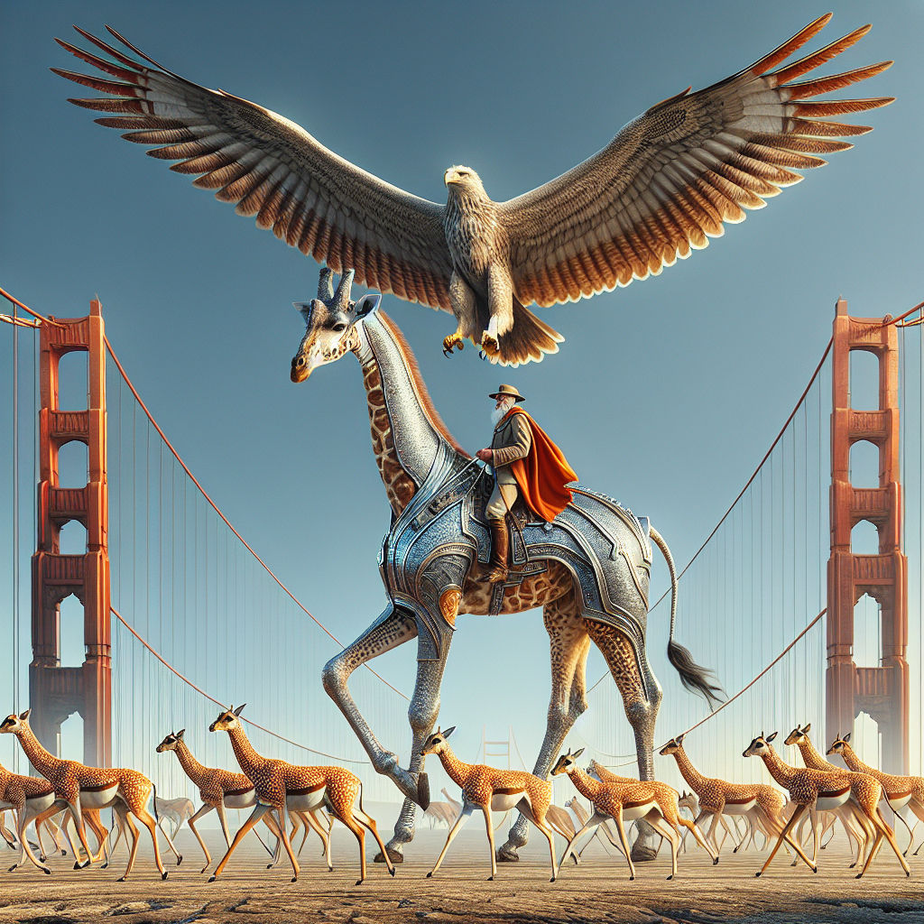 A geriatric geezer rides a giraffe wearing gold gilded galvanized armor.