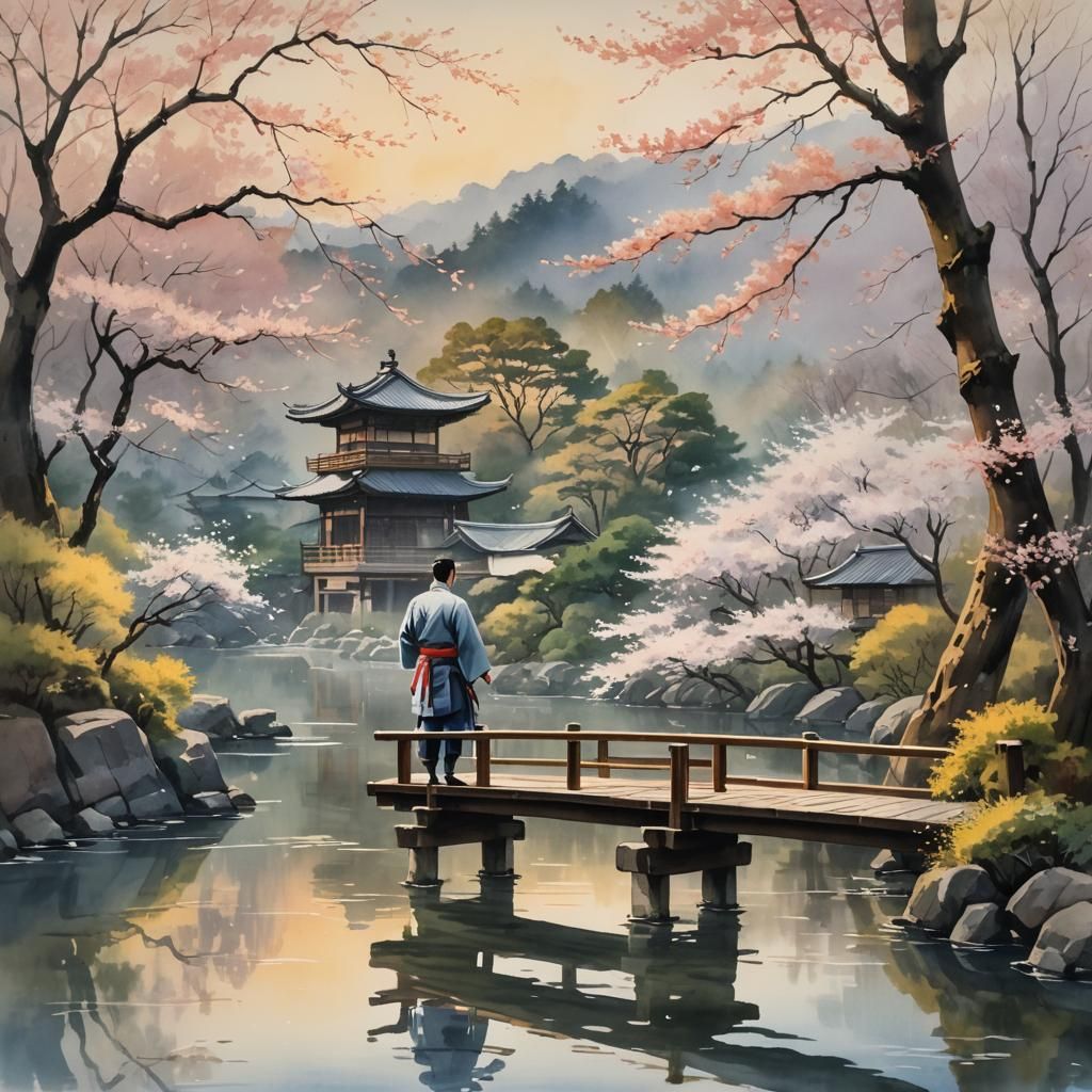 Martial Artist Overlooking River in Japanese Gouache Style