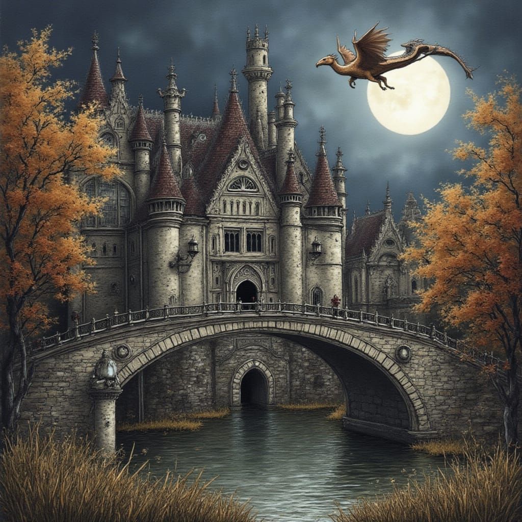 <lora:bildraum:1.0> a dragon flies over a medieval autumn mansion, guards with halberds, pond, arch bridge. the wet surface gleams with silv...