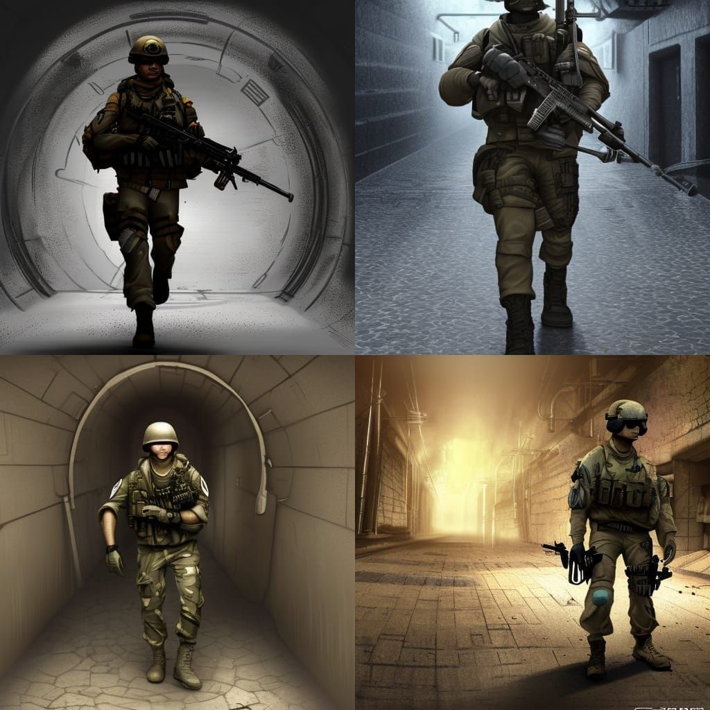 a special forces soldier walking through a dark sewer holdin...