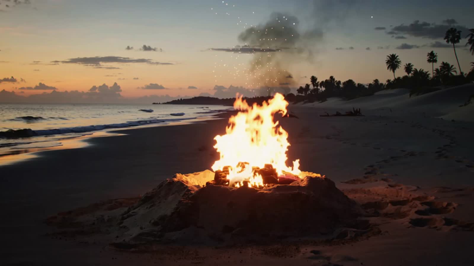 Bonfire on a beach at sunset, a glorious Phoenix emerges from the flames and rises graceful into the darkening night sky