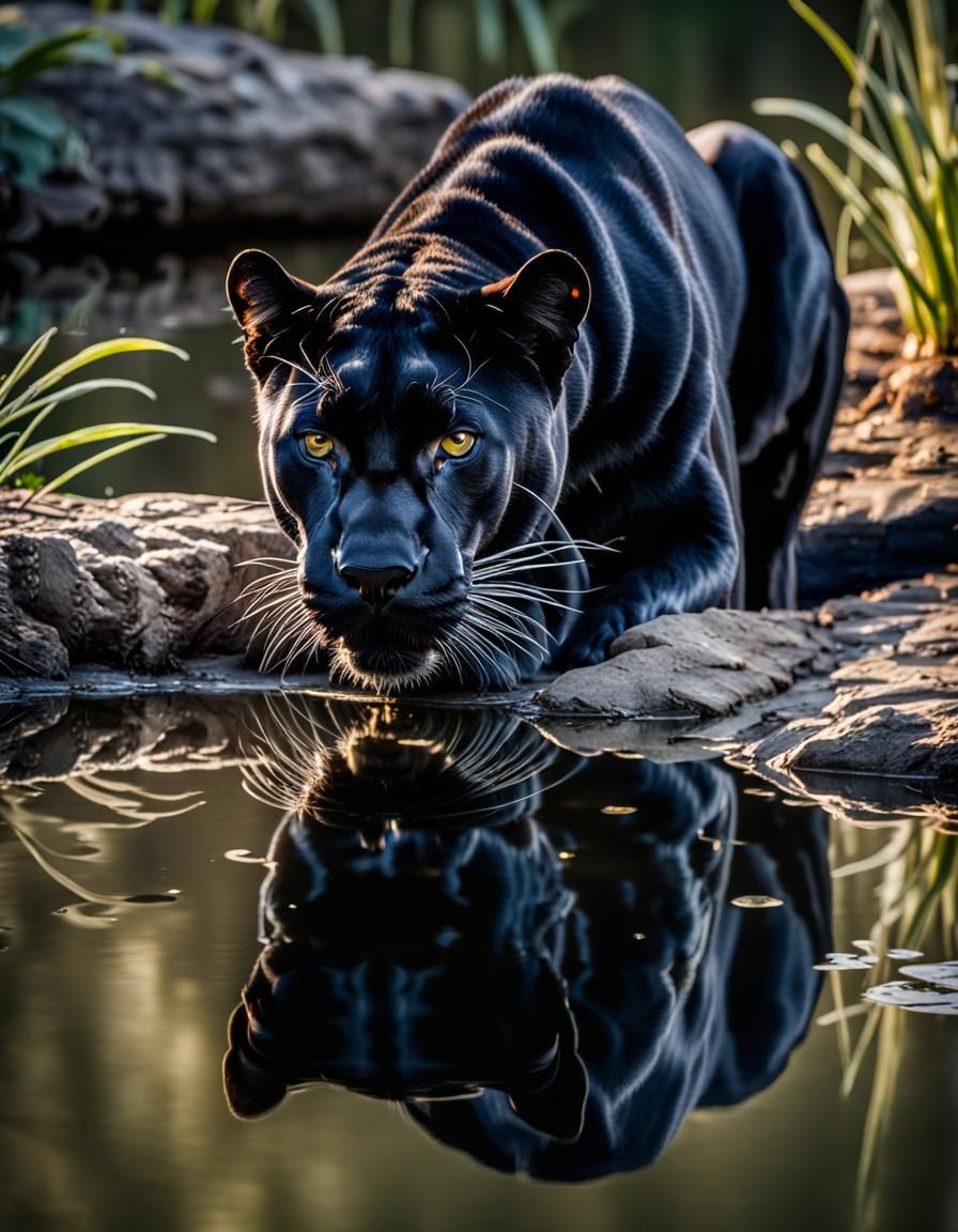 A black panther drinking from a pond  by @EmzMc