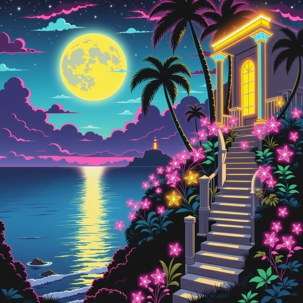 <lora:Neonblackandwhite:1.0> Glowing neon cartoonish vintage Art deco nouveau Grecian balcony flowers decorations