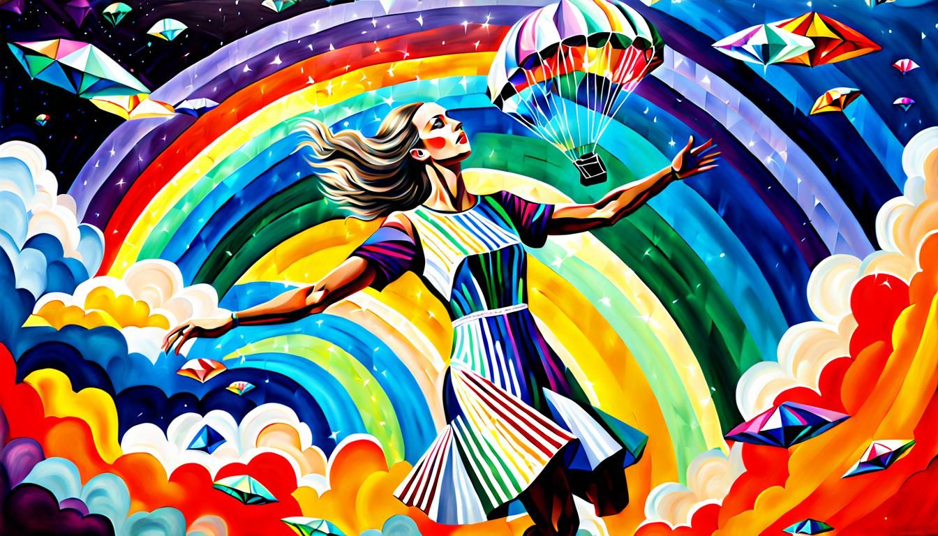 a gorgeous flying  woman painting surrealism , acrylic on canvas