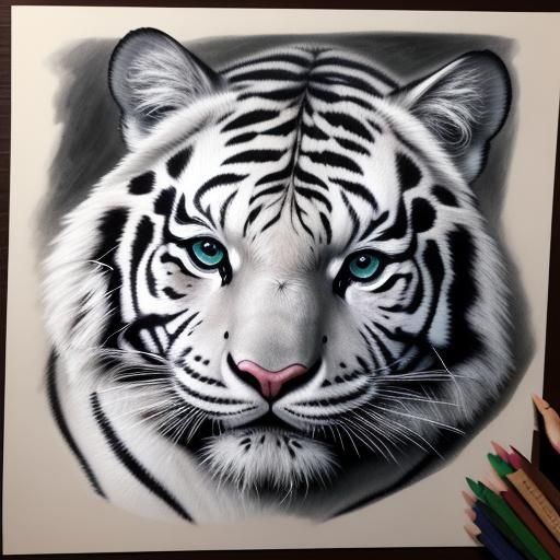 White Tiger in Misty Forest: Hyperrealistic Ink Art
