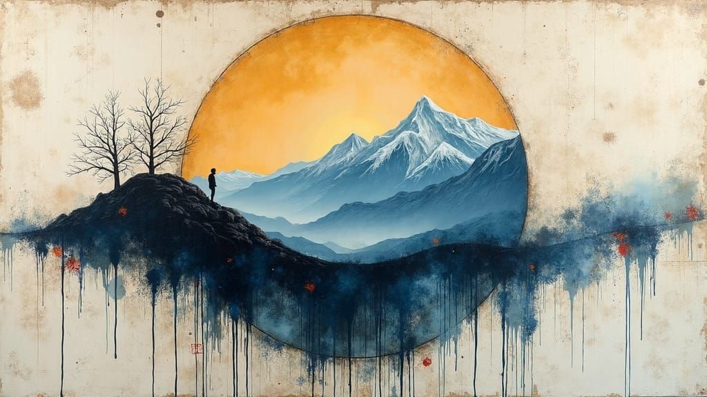 Mountain Landscape in Circular Frame with Drips