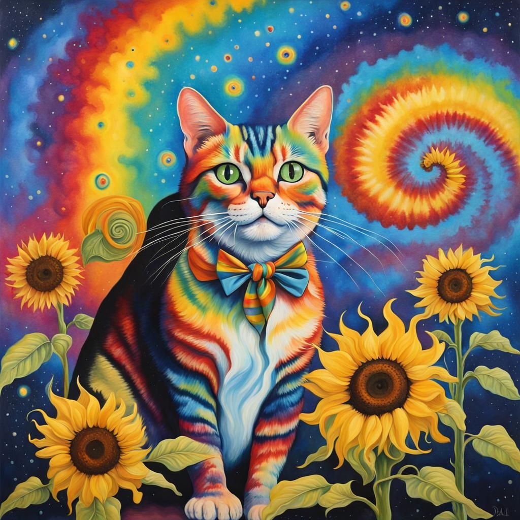 Starry Tie Dye Cat Sunflowers Rainbow surrealism Salvador Dali matte ...