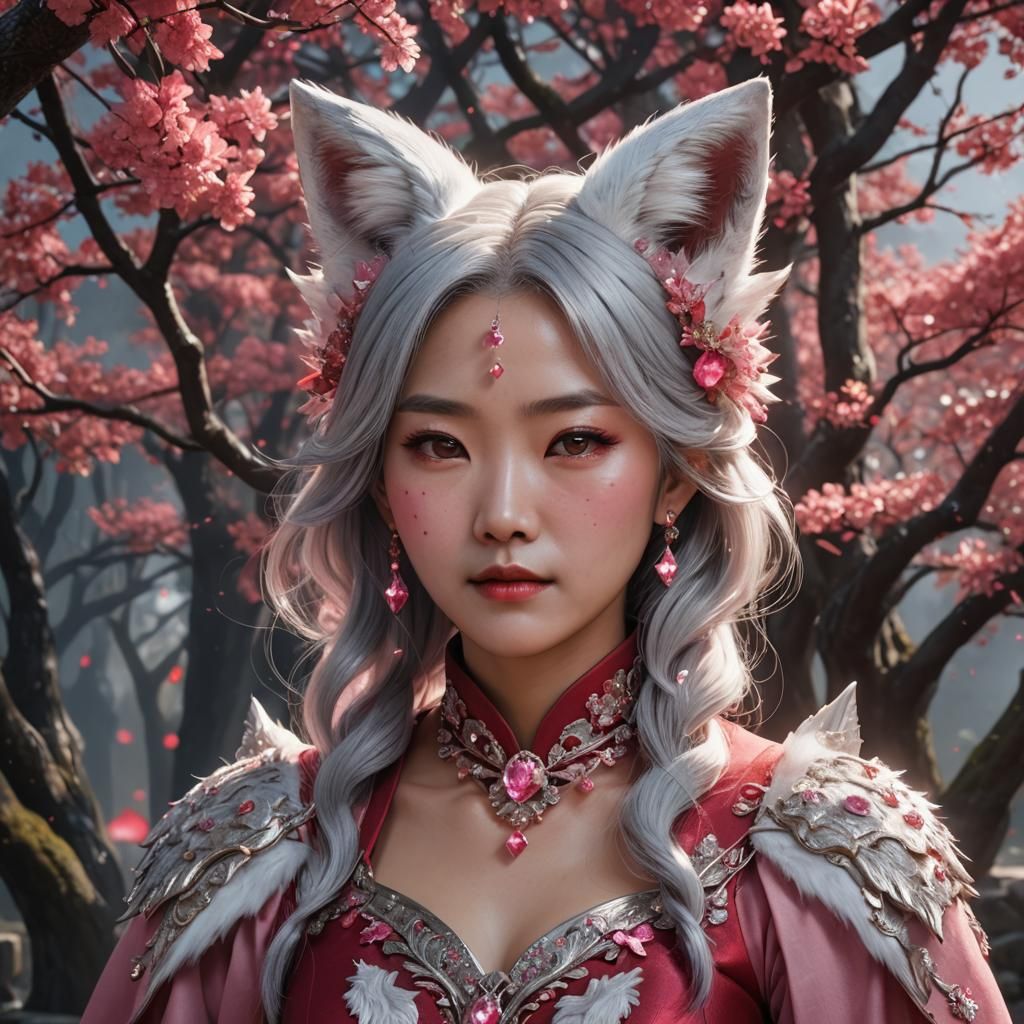 korean lady silver hair red dress pink crystals white fox ea...