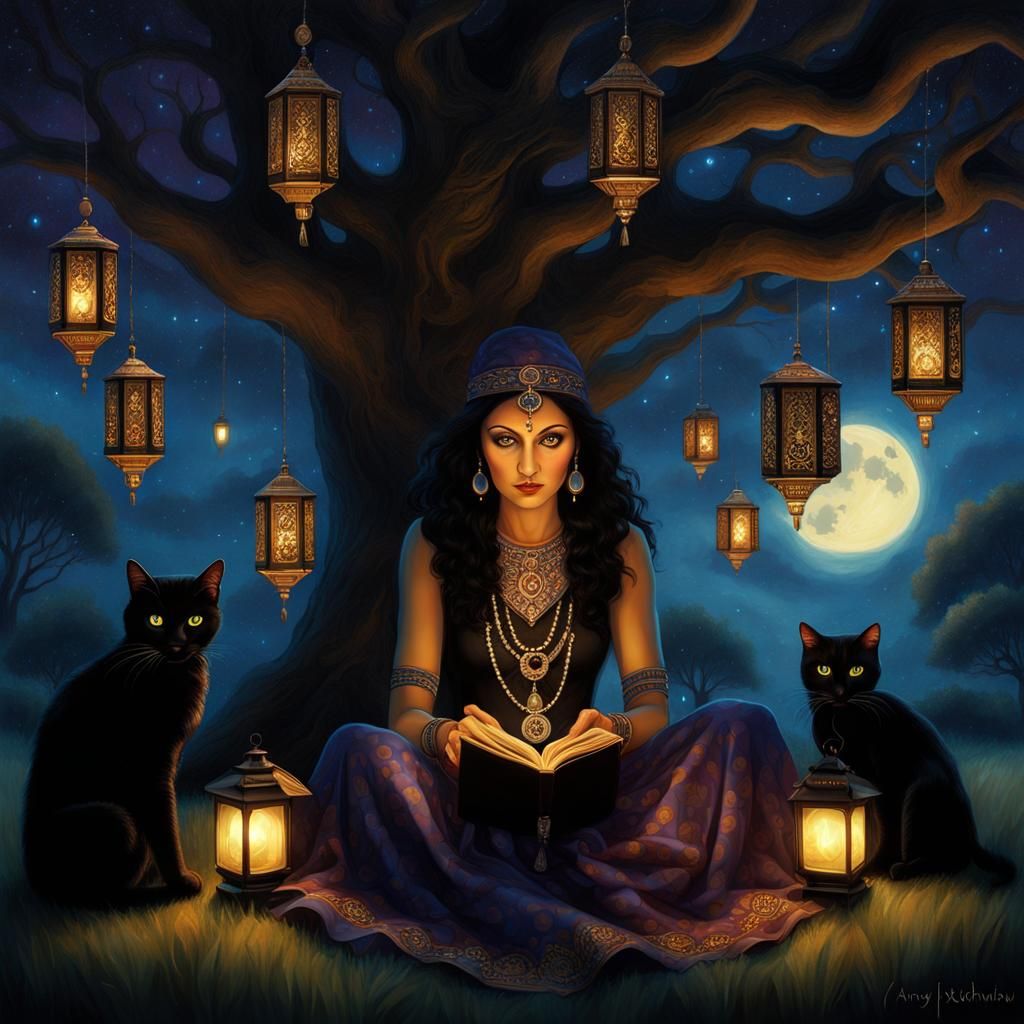 Mysterious gypsy with large beautiful dark eyes staring stra...