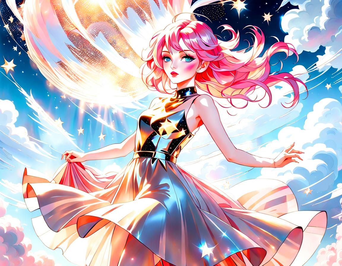 Woman Floating in Mystical Sky, Abstract Oil Painting