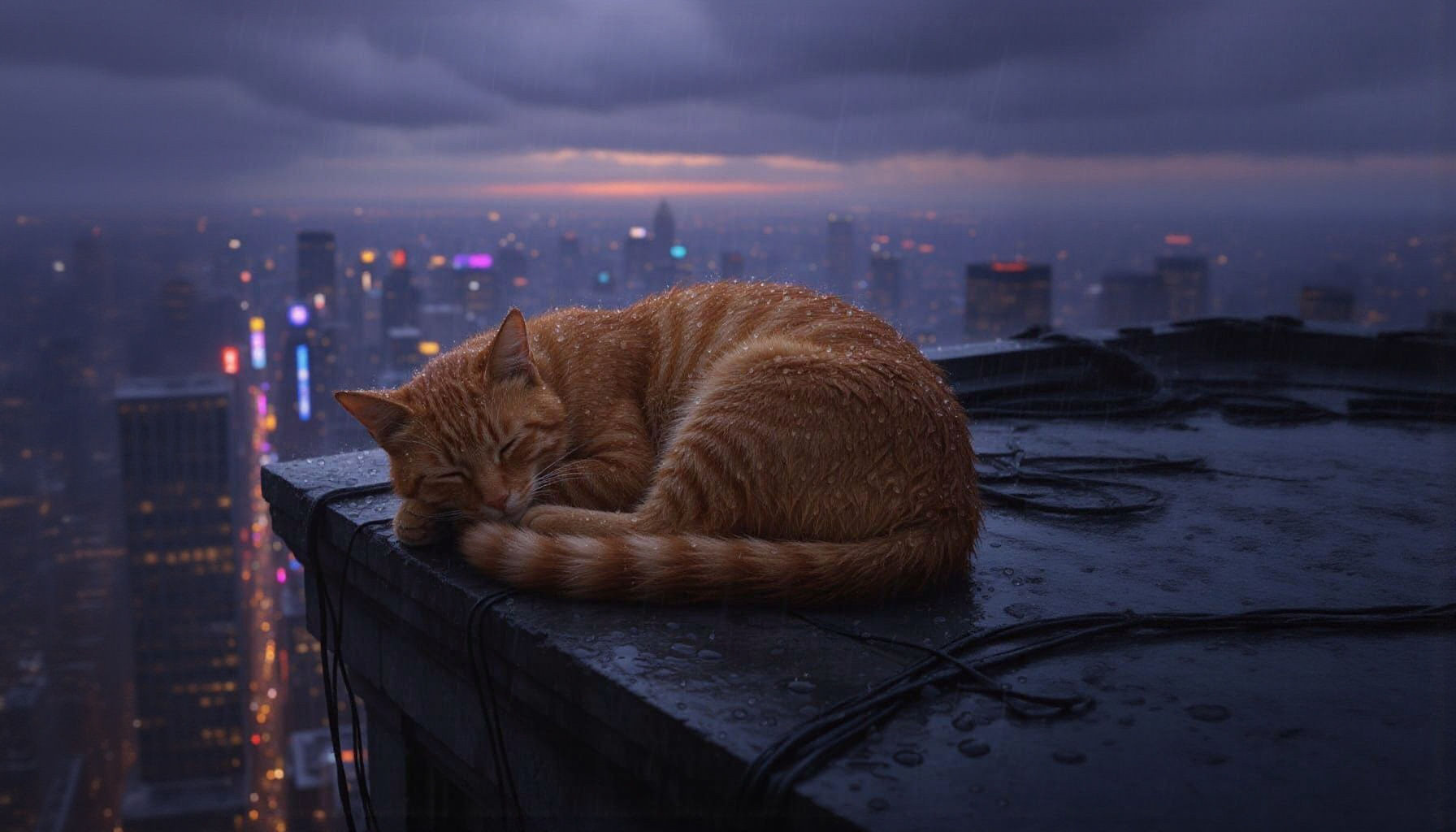 cat sleeping on a high building