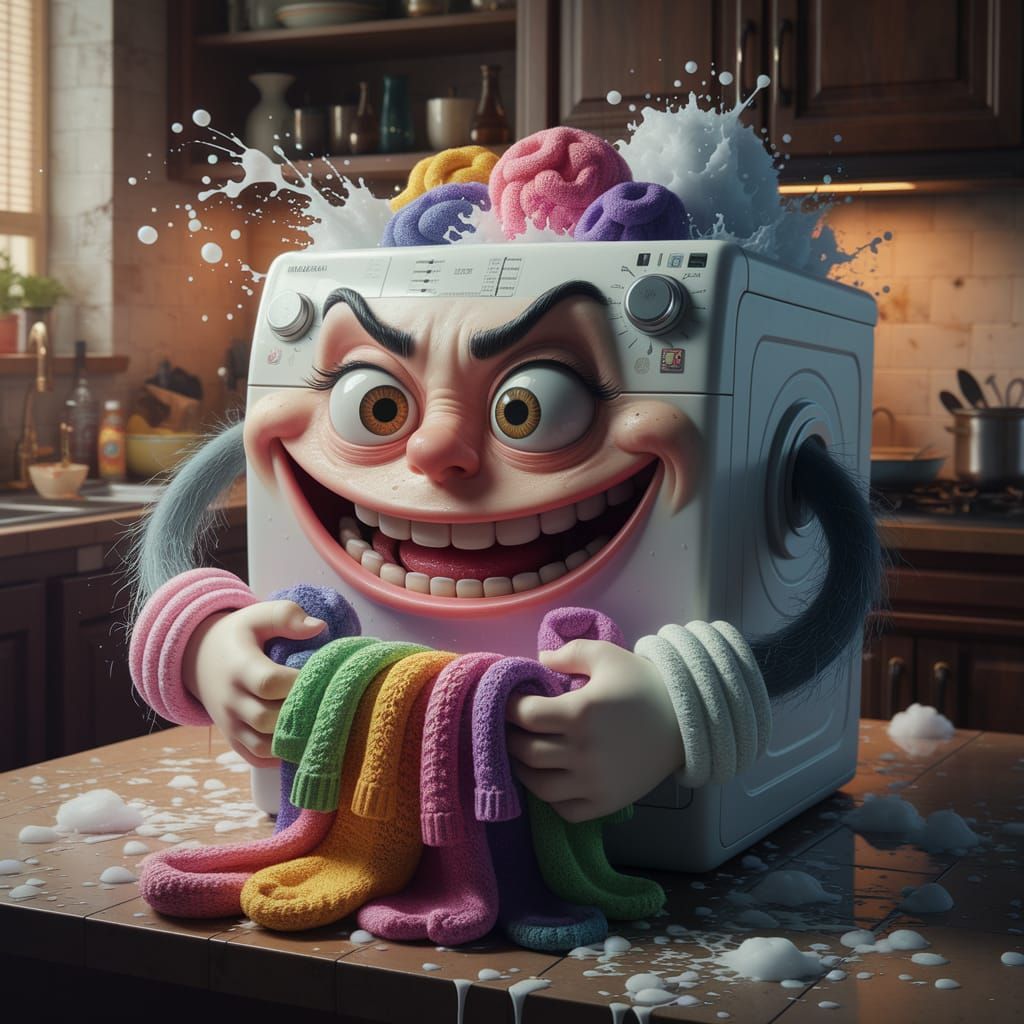 A mischievous, cartoonish washing machine with big googly eyes and a wide, toothy grin, animated and alive. It has arms holding colorful kni...