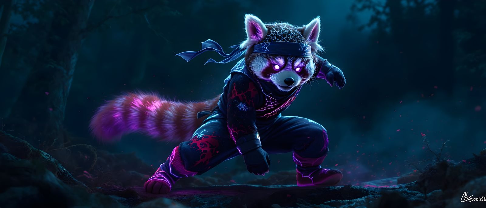 A stealthy red panda ninja poised in an action stance, surrounded by a bioluminescent neon glow that ...  by @earlstringerjr