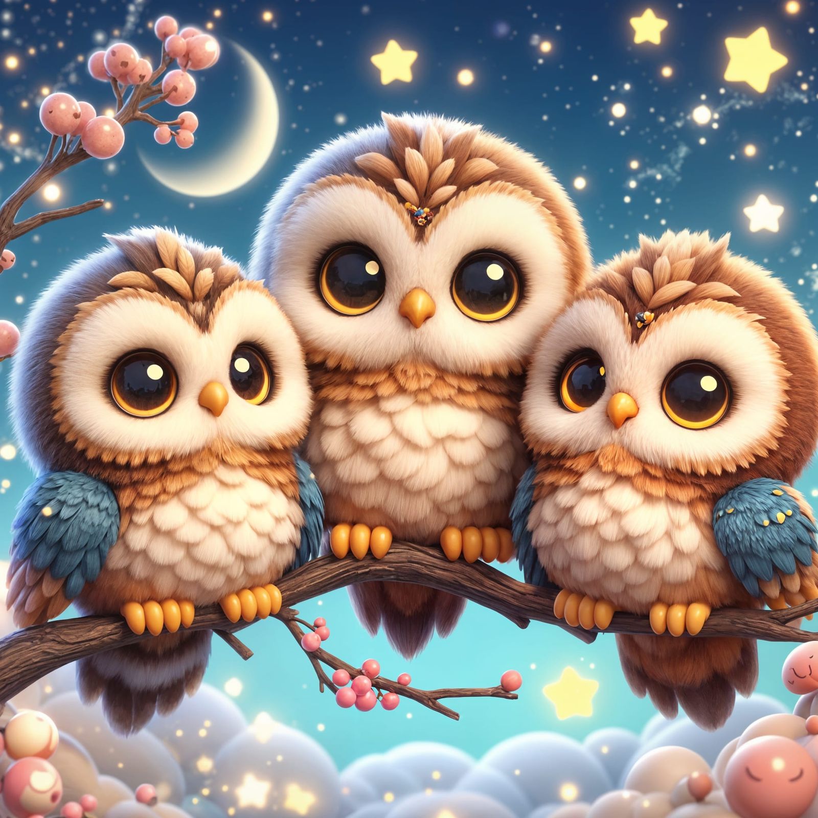 3 cute fluffy owls sitting on a branch in 3D Anime style