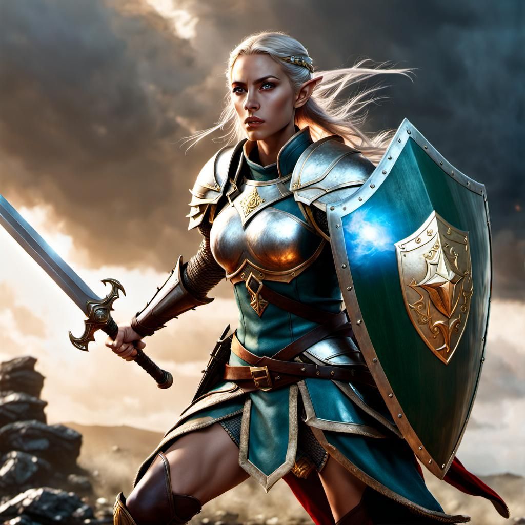 Epic Female Elf Paladin in Battle