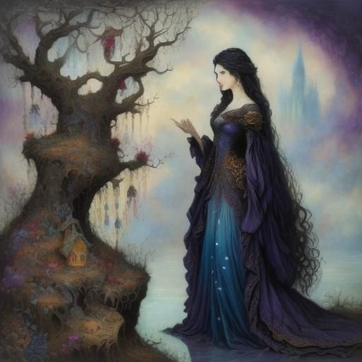 <lora:GrimKey v8:1.0> Dark long haired handsome Prince Charming. Rebecca Guay Victoria Frances Josephine Wall 